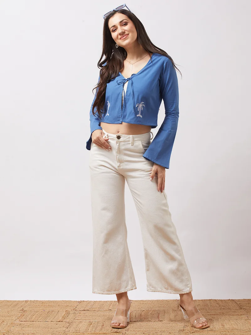 globus Women Blue Tie-Up V-Neck Bell Sleeves Embroidered Detail Front Open Crop Top