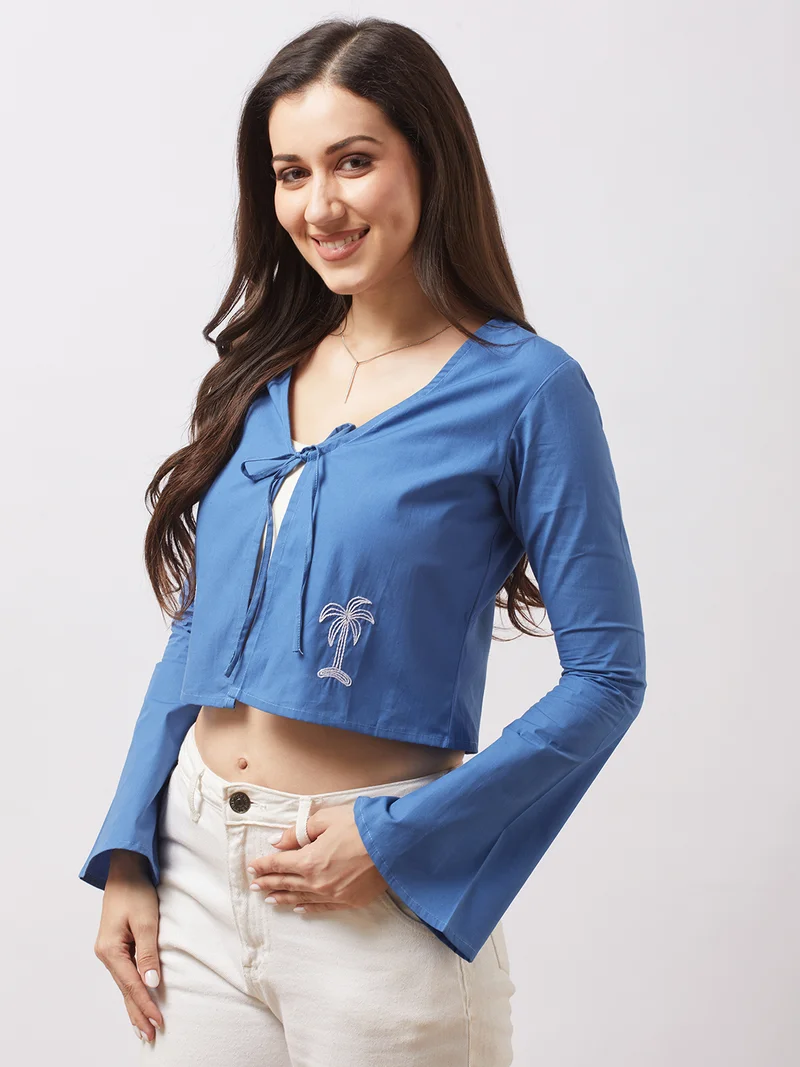 globus Women Blue Tie-Up V-Neck Bell Sleeves Embroidered Detail Front Open Crop Top