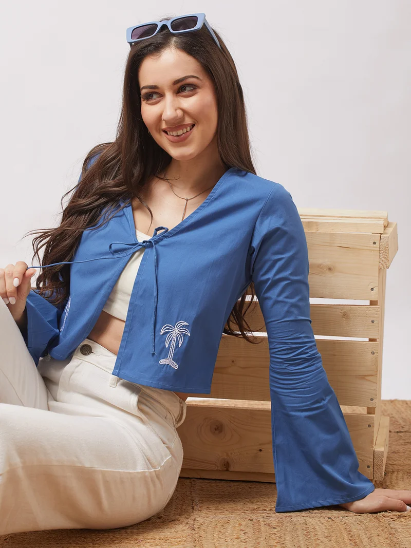globus Women Blue Tie-Up V-Neck Bell Sleeves Embroidered Detail Front Open Crop Top