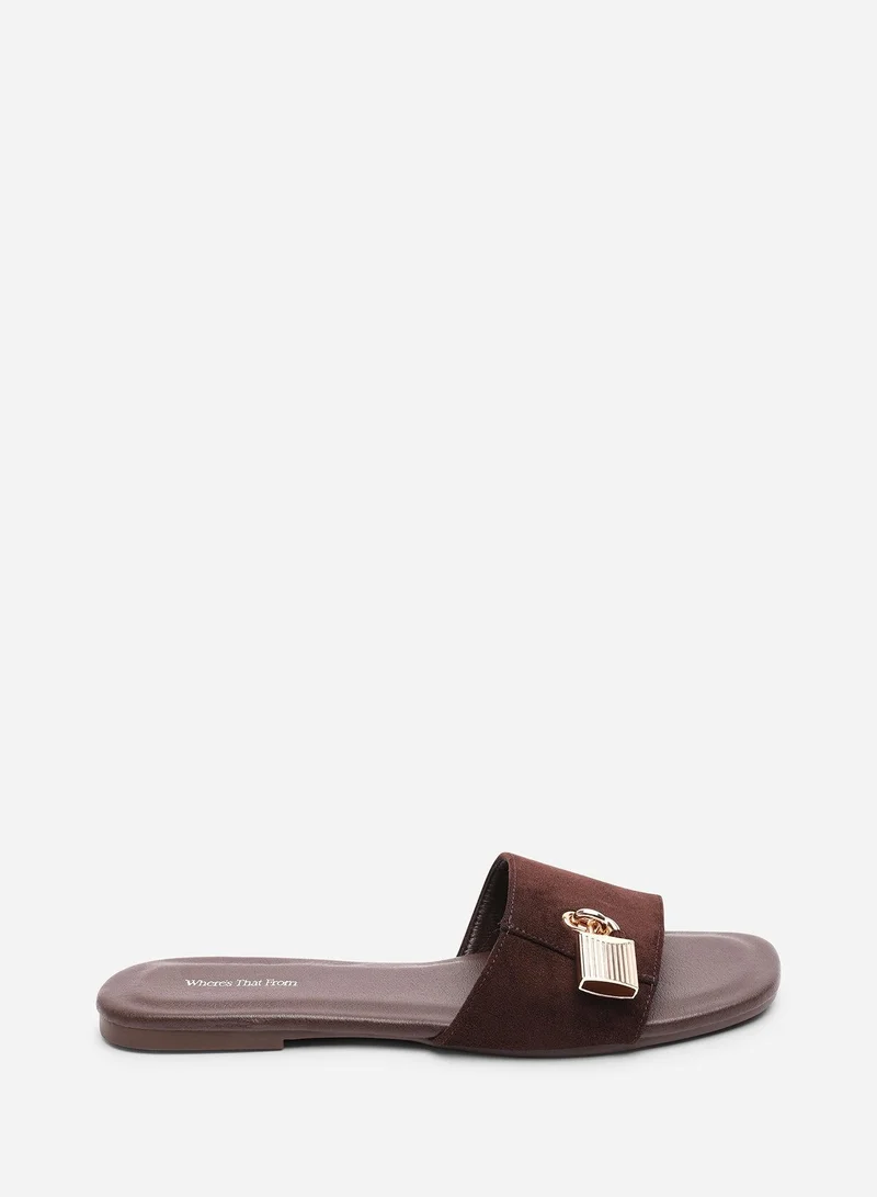 Where's That From Solana Gold Trim Dark Brown Suede Slide On Sandal