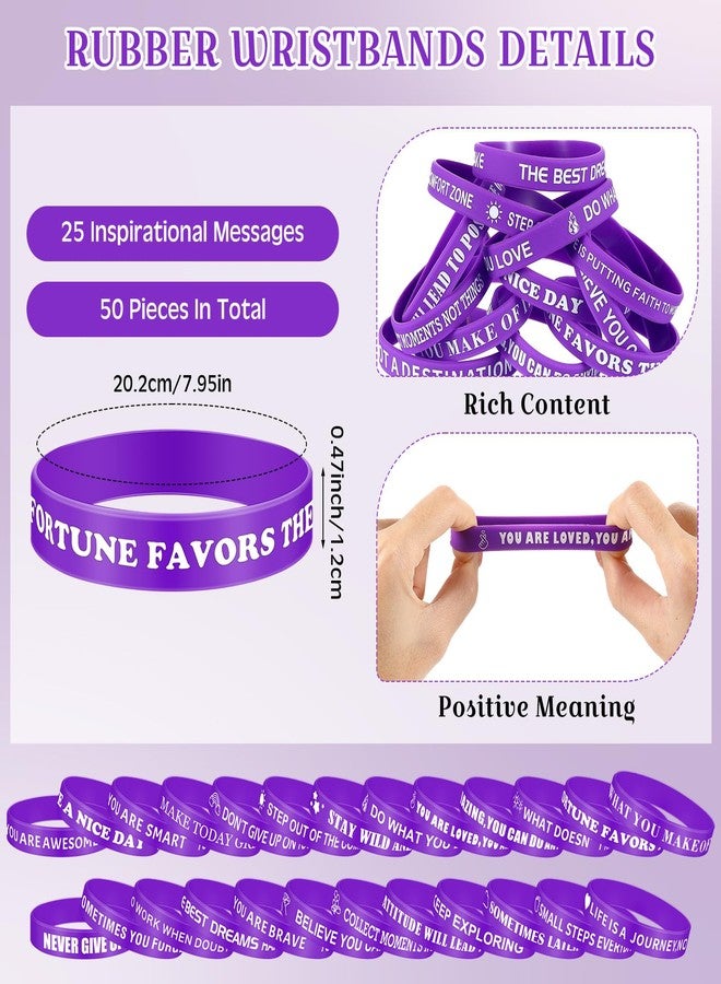 Luinabio 50 Pcs Motivational Quote Bracelets Bulk Inspirational Silicone Rubber Wristbands Stretch Silicone Wristbands Gifts Party Favor Thank You Gifts for Teacher Staff Adult Men Women(Purple) - Image 2