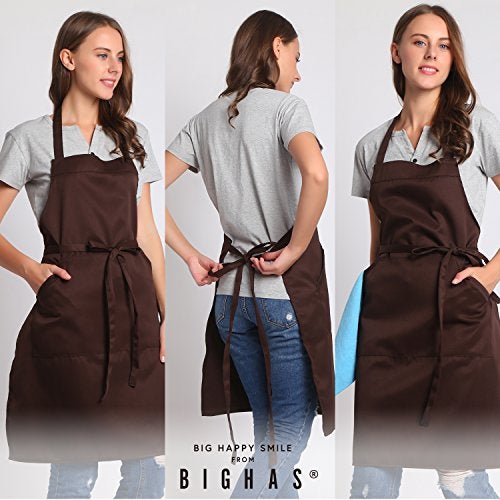 BIGHAS Adjustable Bib Apron with Pocket Extra Long Ties for Women Men, 18 Colors, Chef, Kitchen, Home, Restaurant, Cafe, Cooking, Baking (Brown) - Image 2