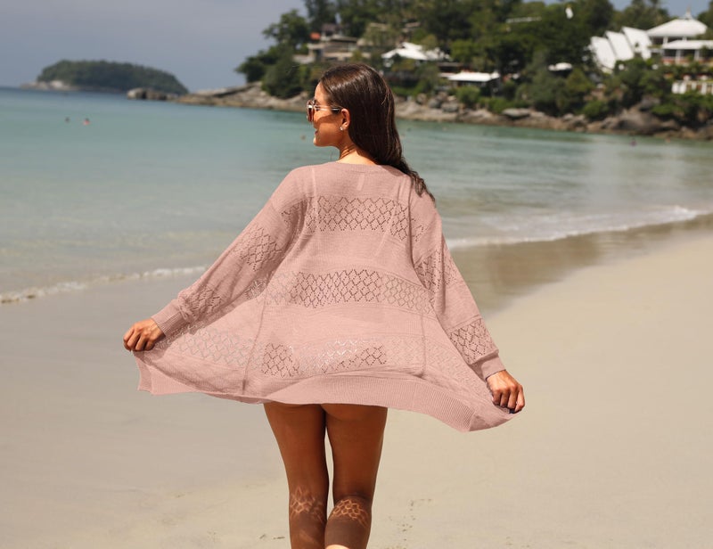 GRECERELLE Women's Lightweight Long Sleeve Cardigan Summer Casual Loose Open Front Pointelle Sweater Beach Coverup, Coral Pink, Medium - Image 4