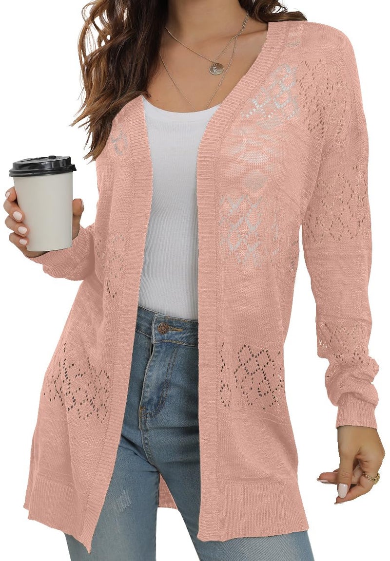 GRECERELLE Women's Lightweight Long Sleeve Cardigan Summer Casual Loose Open Front Pointelle Sweater Beach Coverup, Coral Pink, Medium - Image 1