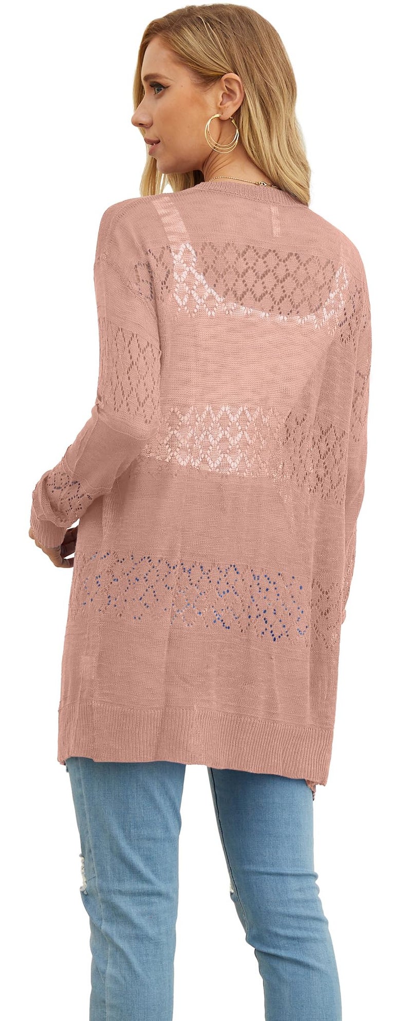 GRECERELLE Women's Lightweight Long Sleeve Cardigan Summer Casual Loose Open Front Pointelle Sweater Beach Coverup, Coral Pink, Medium - Image 5