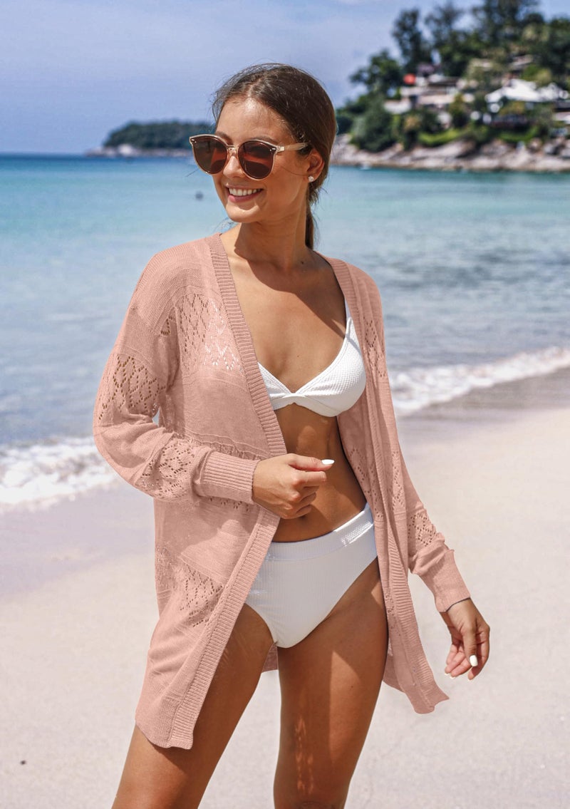 GRECERELLE Women's Lightweight Long Sleeve Cardigan Summer Casual Loose Open Front Pointelle Sweater Beach Coverup, Coral Pink, Medium - Image 3