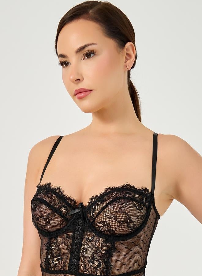 Styli Non Padded Wired Lace Cup Spot Mesh Maxi Babydoll and Lace Thong - Image 3