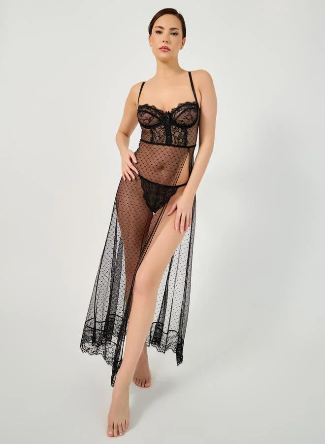Styli Styli Non Padded Wired Lace Cup Spot Mesh Maxi Babydoll and Lace Thong