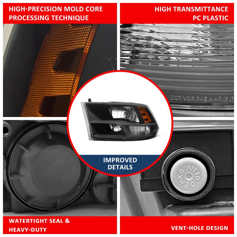 ADCARLIGHTS for 2009-2018 Dodge Ram Headlight Assembly compatible with 2009-2018 Ram 1500/2010-2018 Ram 2500 3500 Black Housing Amber Reflector Headlamp Replacement Left and Right - Image 5