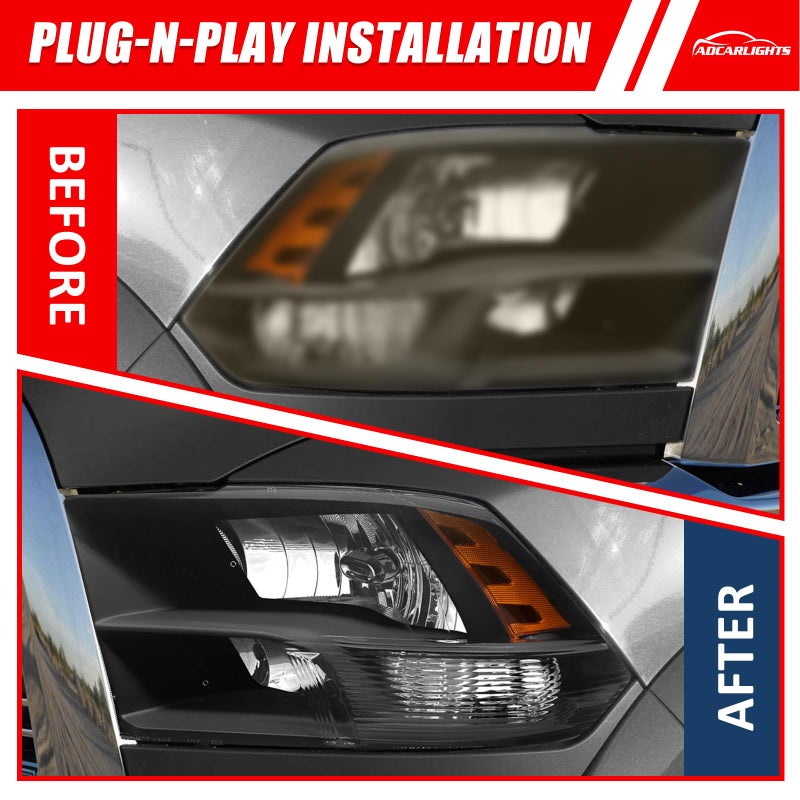 ADCARLIGHTS for 2009-2018 Dodge Ram Headlight Assembly compatible with 2009-2018 Ram 1500/2010-2018 Ram 2500 3500 Black Housing Amber Reflector Headlamp Replacement Left and Right - Image 4