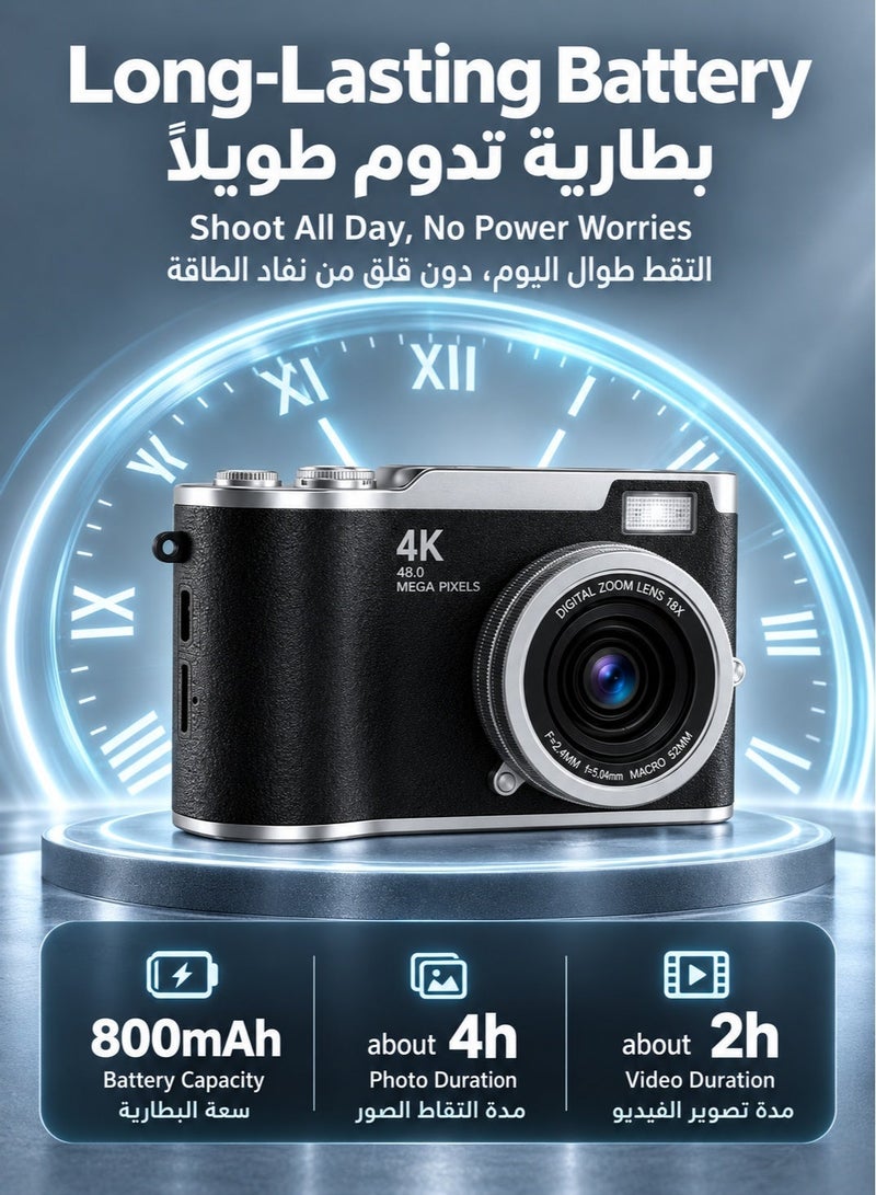 كاميرا رقمية 4K بدقة صور تصل إلى 48 ميجابكسل مع بطاقة ذاكرة 128GB، شاشة 2.4 بوصة قابلة للقلب 180 درجة، زوم رقمي 8X وفلاش مدمج للسفر والسيلفي والمبتدئين - Image 4