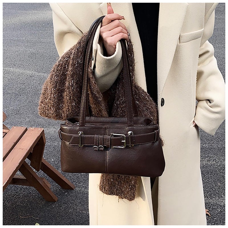JYG Shoulder Bag for Women Vintage Y2K Hobo Purse with Belt Buckle Small PU Leather Underarm Satchel Handbag Coffee - Image 3