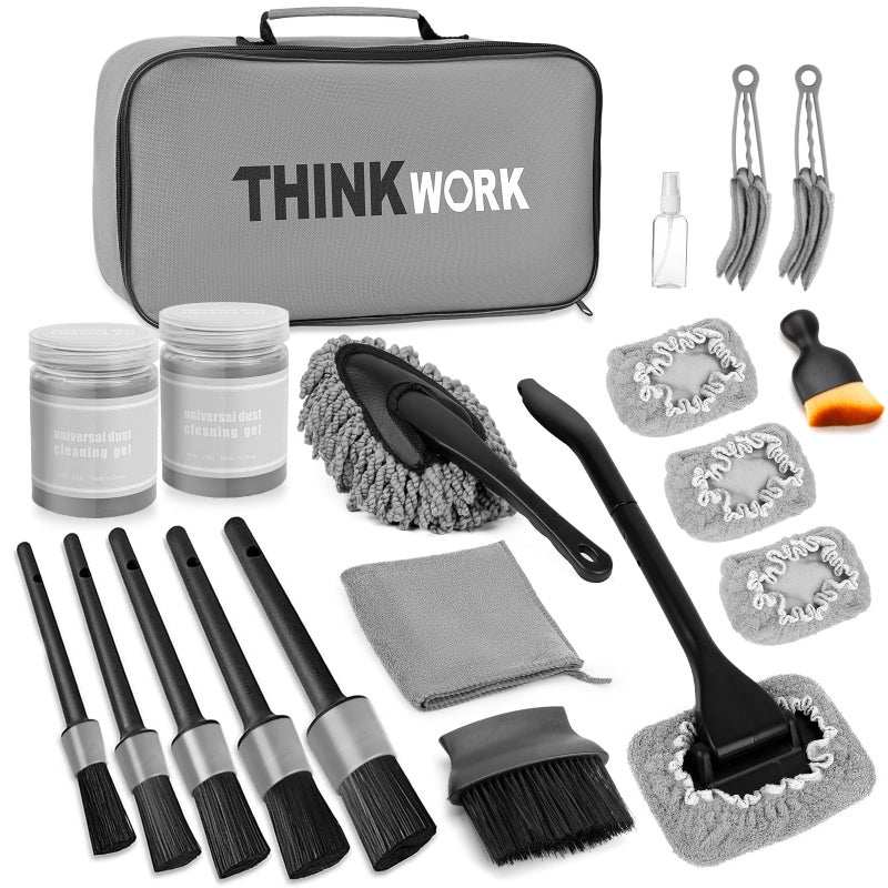 THINKWORK Windshield Cleaner Tool, Car Interior Cleaning Kit, Car Detailing Kit Interior Cleaner with10Pcs Detailing Brush Set, Gray Auto Detailing Supplies & Accessories - Image 1