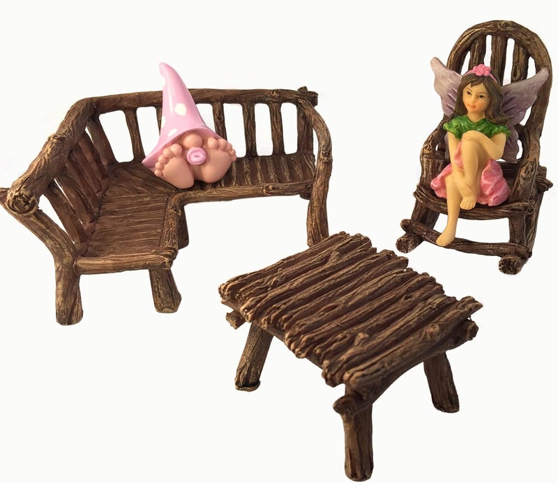 GlitZGlam Miniature Fairy Garden Furniture 3-Piece: Rustic Wood Bench, Rocking Chair and Miniature Table for The Garden Fairies - Image 2
