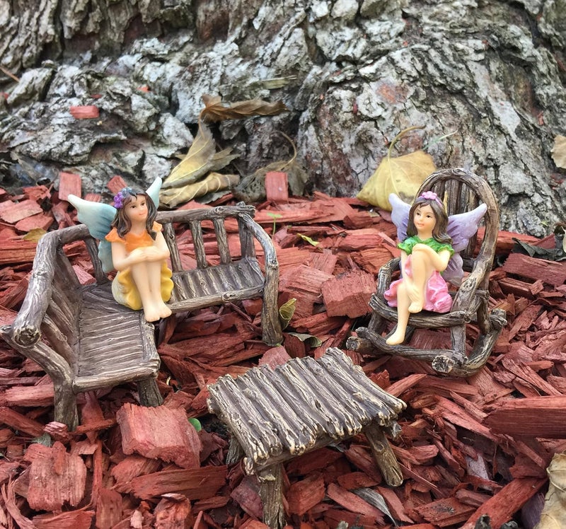GlitZGlam Miniature Fairy Garden Furniture 3-Piece: Rustic Wood Bench, Rocking Chair and Miniature Table for The Garden Fairies - Image 3