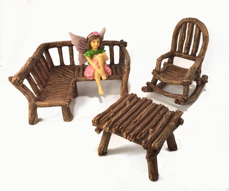 GlitZGlam Miniature Fairy Garden Furniture 3-Piece: Rustic Wood Bench, Rocking Chair and Miniature Table for The Garden Fairies - Image 5