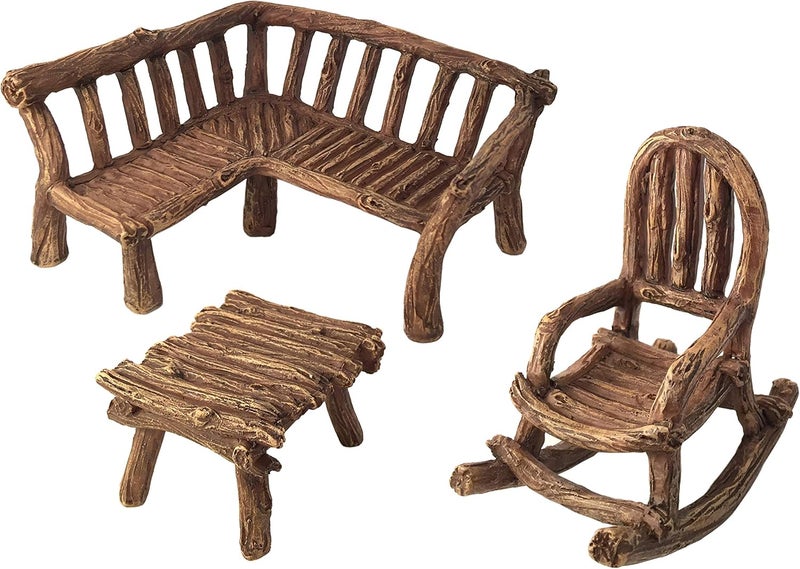GlitZGlam Miniature Fairy Garden Furniture 3-Piece: Rustic Wood Bench, Rocking Chair and Miniature Table for The Garden Fairies - Image 1