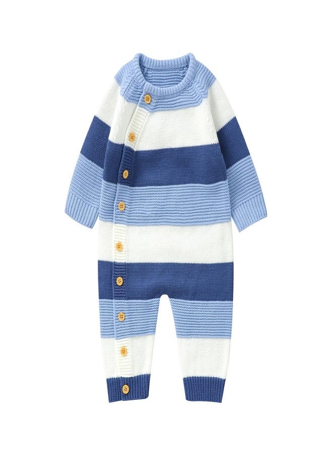 Licupiee Newborn Girl Boy Striped Sweater Romper Fall Long Sleeve Full Length Playsuit Winter Warm Button Up Knitted Jumpsuit (Blue, 0-3 Months) - Image 1
