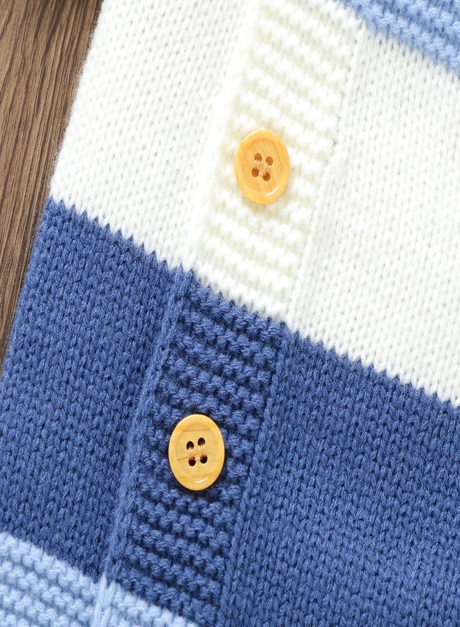 Licupiee Newborn Girl Boy Striped Sweater Romper Fall Long Sleeve Full Length Playsuit Winter Warm Button Up Knitted Jumpsuit (Blue, 0-3 Months) - Image 5