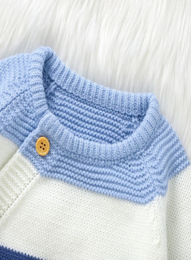 Licupiee Newborn Girl Boy Striped Sweater Romper Fall Long Sleeve Full Length Playsuit Winter Warm Button Up Knitted Jumpsuit (Blue, 0-3 Months) - Image 3