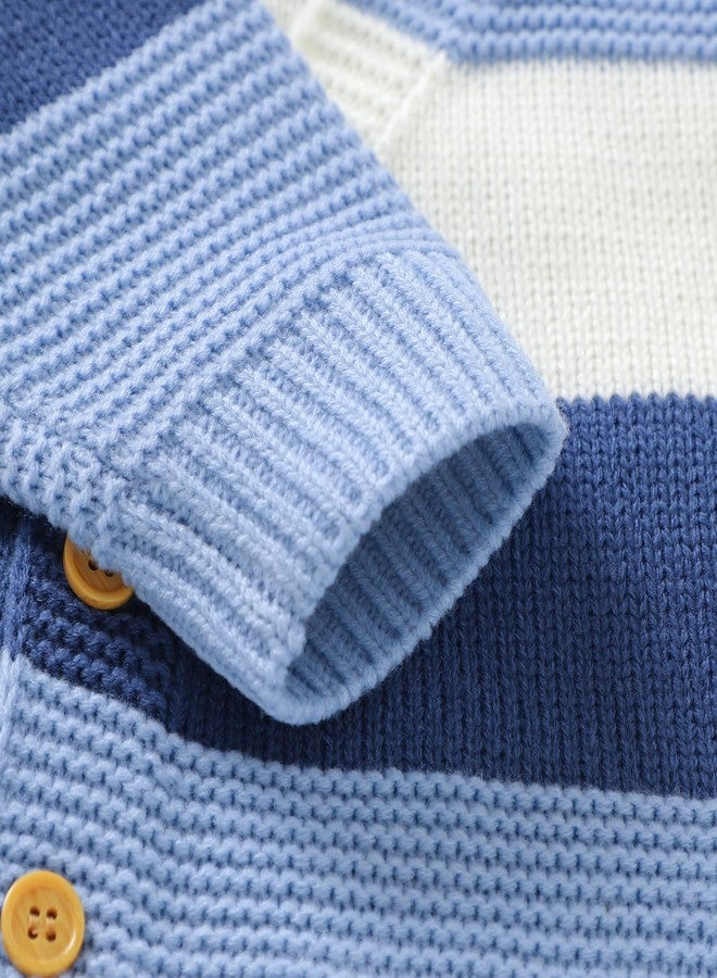Licupiee Newborn Girl Boy Striped Sweater Romper Fall Long Sleeve Full Length Playsuit Winter Warm Button Up Knitted Jumpsuit (Blue, 0-3 Months) - Image 4