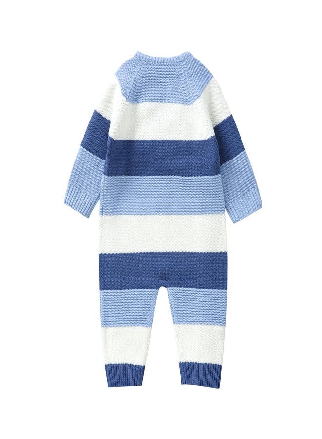 Licupiee Newborn Girl Boy Striped Sweater Romper Fall Long Sleeve Full Length Playsuit Winter Warm Button Up Knitted Jumpsuit (Blue, 0-3 Months) - Image 2
