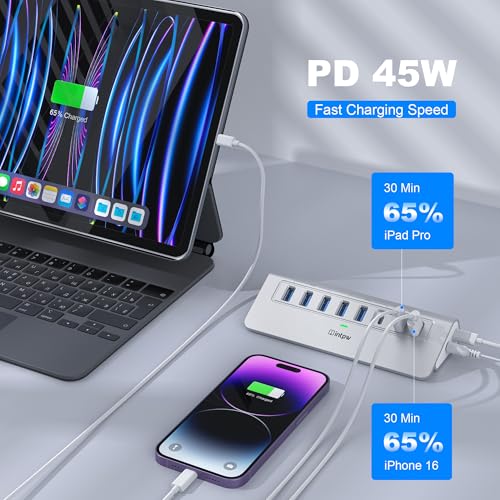 intpw Powered USB Hub 10Gbps, intpw YH6AC Plus 10 Port USB 3.2 Hub(USB A/USB C 3.2+3 USB-A 3.0+2 PD 45W Fast Charging Ports+SD/TF Card Reader), 65W Power Adapter,Aluminum USB HUB for PC,Laptop,iPhone 17/16 - Image 4