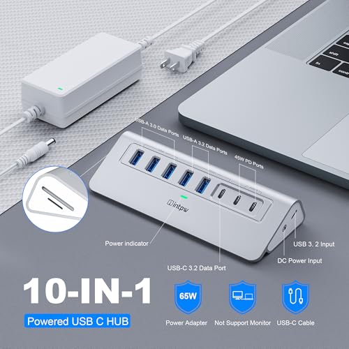 intpw Powered USB Hub 10Gbps, intpw YH6AC Plus 10 Port USB 3.2 Hub(USB A/USB C 3.2+3 USB-A 3.0+2 PD 45W Fast Charging Ports+SD/TF Card Reader), 65W Power Adapter,Aluminum USB HUB for PC,Laptop,iPhone 17/16 - Image 2