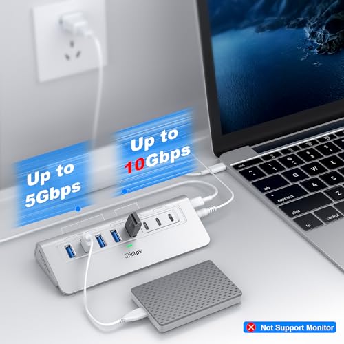 intpw Powered USB Hub 10Gbps, intpw YH6AC Plus 10 Port USB 3.2 Hub(USB A/USB C 3.2+3 USB-A 3.0+2 PD 45W Fast Charging Ports+SD/TF Card Reader), 65W Power Adapter,Aluminum USB HUB for PC,Laptop,iPhone 17/16 - Image 3