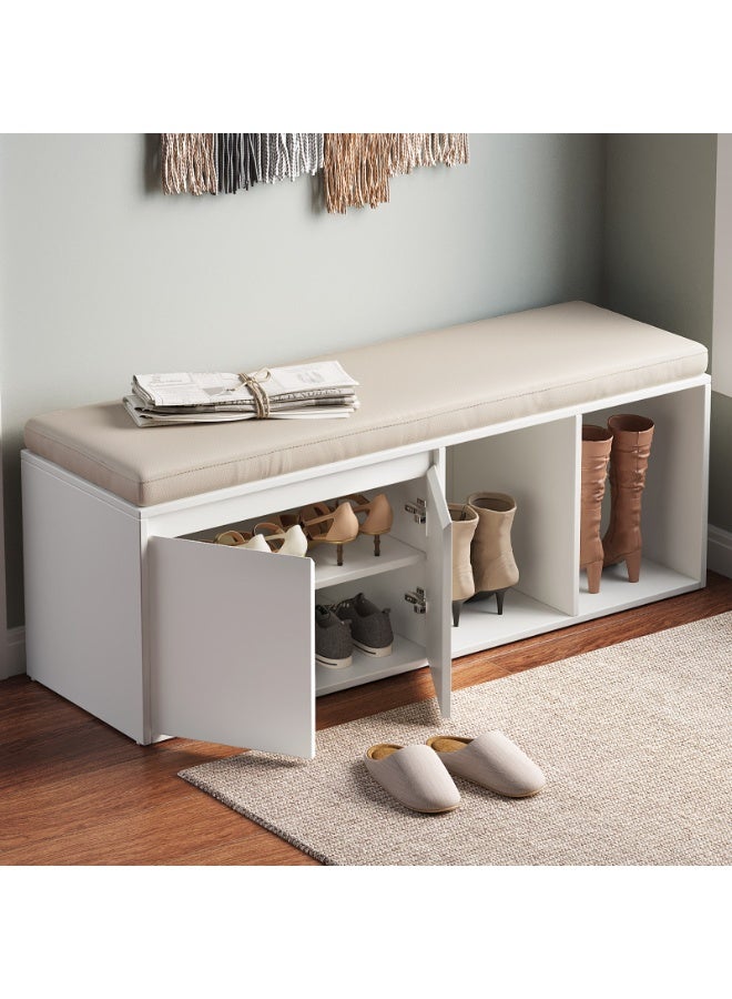 مقعد أحذية مع تخزين من ، مقعد تخزين بوسادة PU ولوح عالي الكثافة، مقعد أحذية للمدخل وتنظيم الأحذية، مناسب للمدخل والممر والمنزل، مقاس 120×37×45.5 سم، اللون الأبيض - Image 1