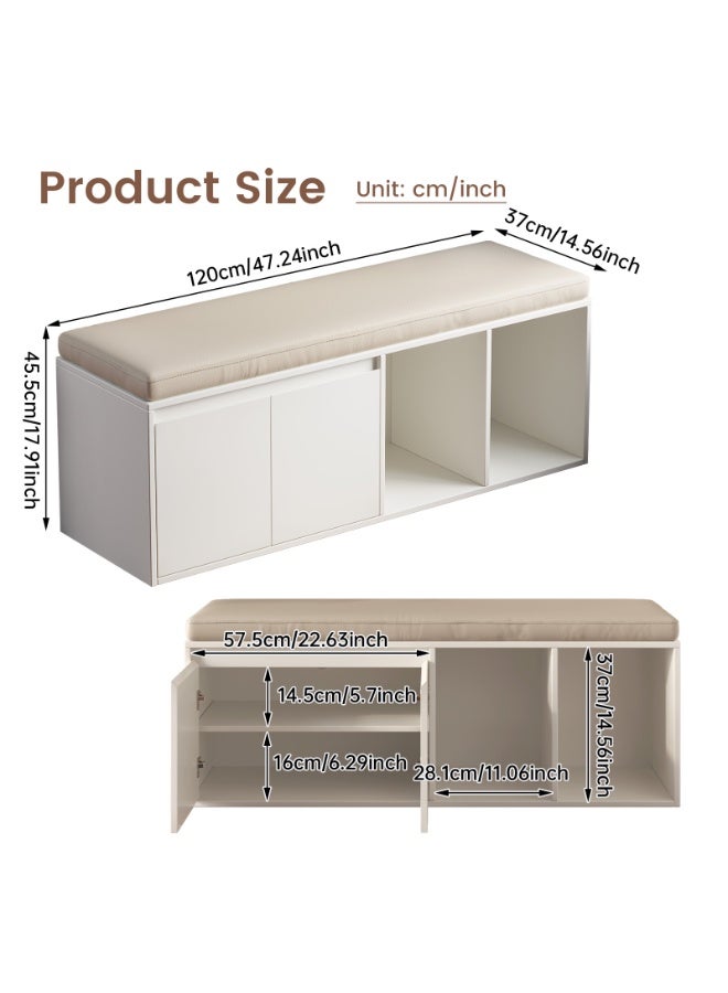 مقعد أحذية مع تخزين من ، مقعد تخزين بوسادة PU ولوح عالي الكثافة، مقعد أحذية للمدخل وتنظيم الأحذية، مناسب للمدخل والممر والمنزل، مقاس 120×37×45.5 سم، اللون الأبيض - Image 2