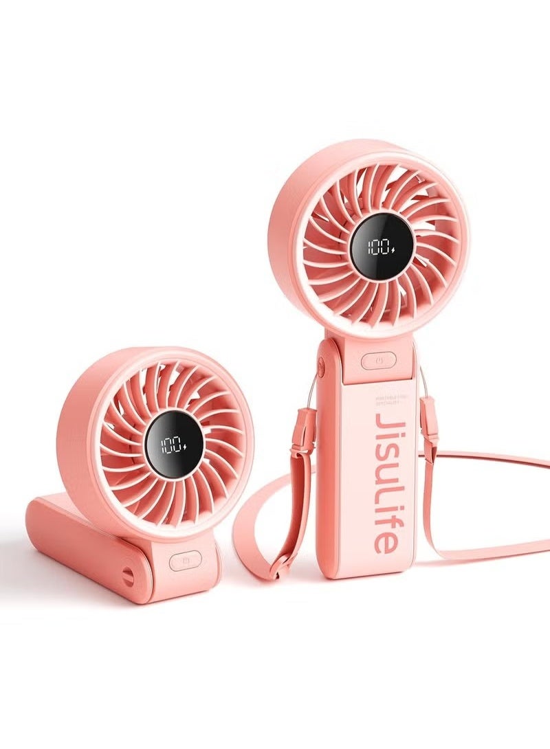 JISULIFE Handheld Fan Life7, Powerful Portable Fan with LED Display 19.5Hrs Max Cooling 5000mAh, 150° Folded 5 Speeds, Lanyard 3-IN-1 Hand Fan Desk Fan Neck Fan,Travel Essentials Gifts For Unisex Pink - Image 1