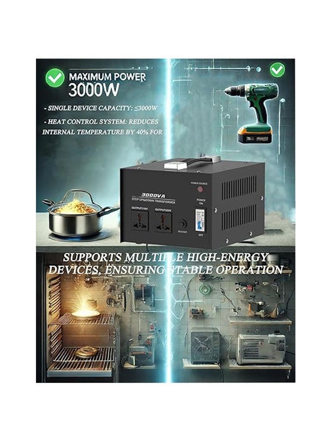 محول جهد بقدرة 3000 واط، لتحويل بين 110V/120V/220V/240V تصاعديًا وتنازليًا، مزود بمقبس عالمي للاستخدام المنزلي - Image 5