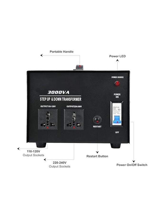 محول جهد بقدرة 3000 واط، لتحويل بين 110V/120V/220V/240V تصاعديًا وتنازليًا، مزود بمقبس عالمي للاستخدام المنزلي - Image 2