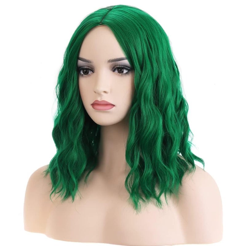 RIGHTON Emerald Green Wig for Women Short Curly Wig Green Beach Wave Wigs with Hairnet