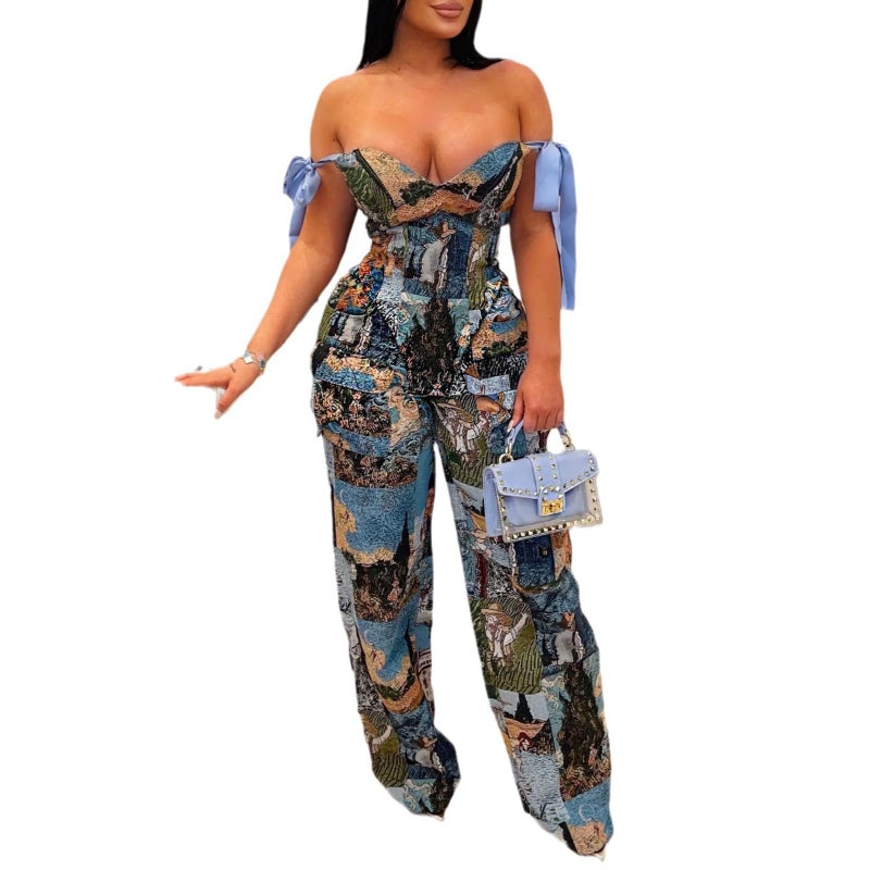 Molilove Sexy 2 Piece Sets for Women Pattern Print Sleeveless Crop Top and Wide Leg Pants with Pockets Soft Stretchy Outfits - Image 1