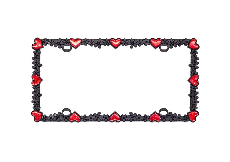 Creathome 3D Shining Daisy Heart License Plate Frame from Pure Zinc Alloy Metal Perfect Plate Holder, Matt Black with Red Glitter, Luminously Heart - Image 2