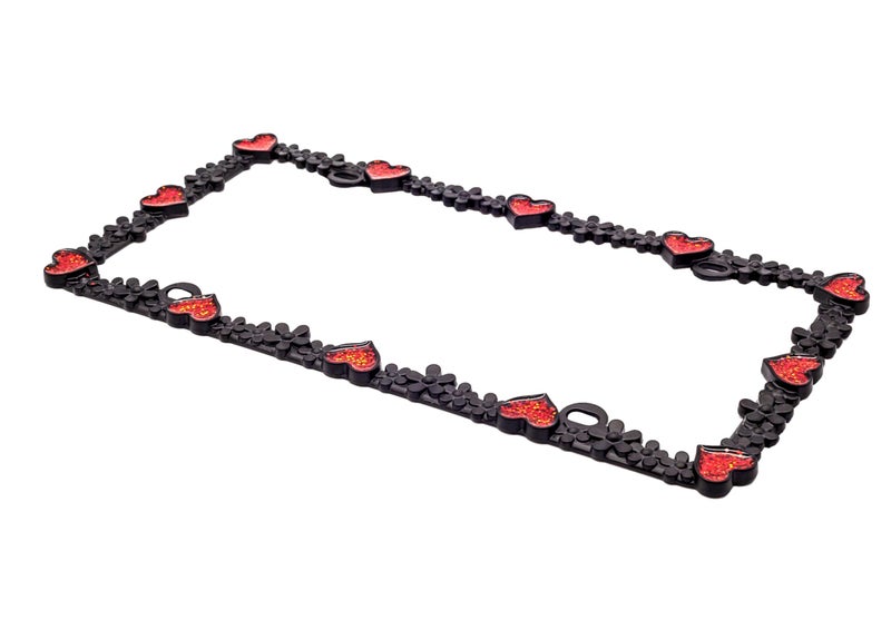 Creathome 3D Shining Daisy Heart License Plate Frame from Pure Zinc Alloy Metal Perfect Plate Holder, Matt Black with Red Glitter, Luminously Heart - Image 3
