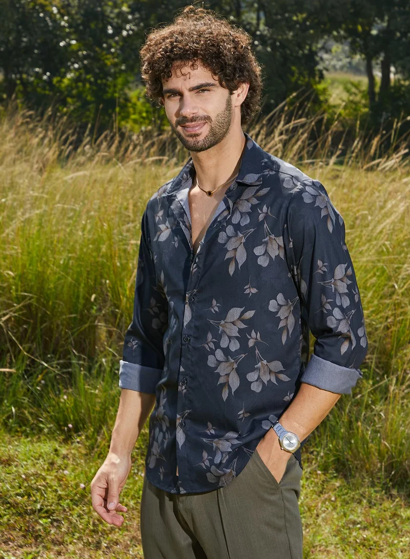Campus Sutra Men's Prussian Blue Stamped-Foliage Shirt