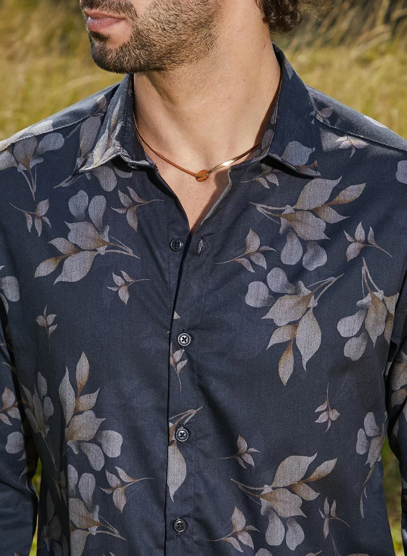 Campus Sutra Men's Prussian Blue Stamped-Foliage Shirt