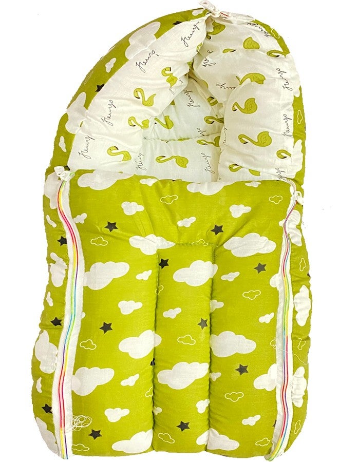Infans Mini Cloud Mini 3 in 1 Baby's Cotton Bed Cum Carry Bed Printed Baby Sleeping Bag-Baby Bed-Infant Portable for Unisex Easily Portable, Light Weight Carry for New Born 0-4 Months Old (Green) - Image 1