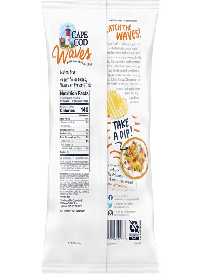 Cape Cod Waves Potato Chips Wavy Cut White Cheddar & Sour Cream, 7 Oz - Image 4