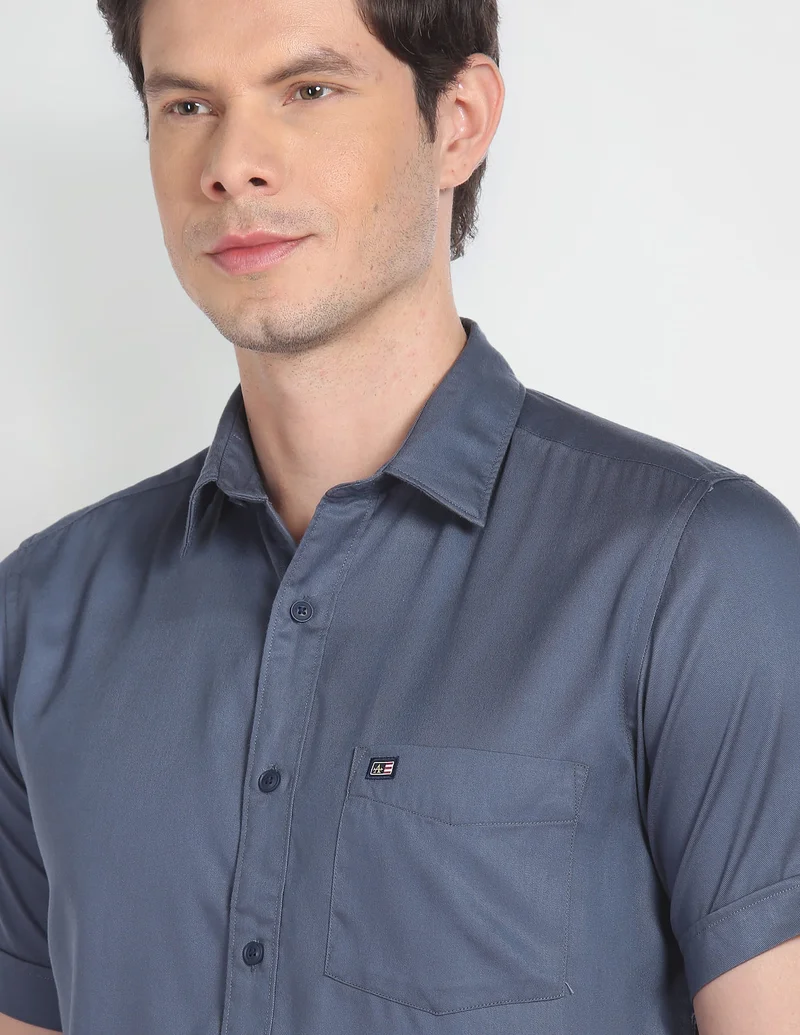 Arrow Grey Point Collar Short Sleeve Solid Casual Shirt for Men | Best Price UAE