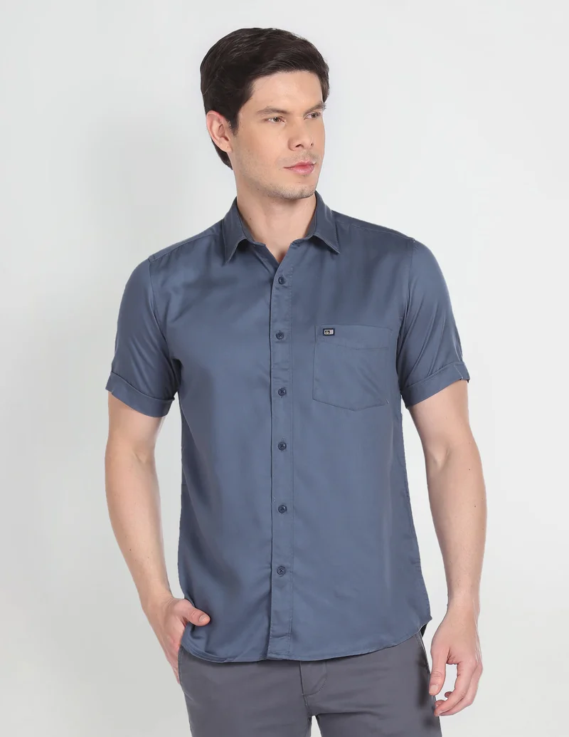Arrow Grey Point Collar Short Sleeve Solid Casual Shirt for Men | Best Price UAE