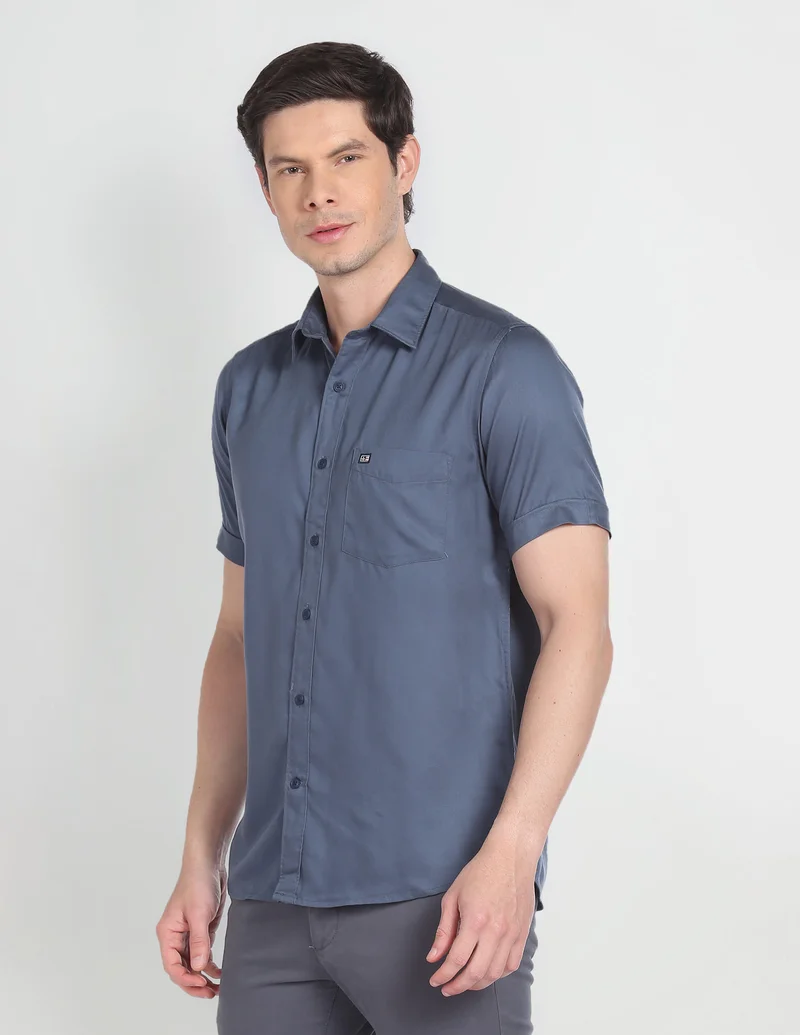 Arrow Grey Point Collar Short Sleeve Solid Casual Shirt for Men | Best Price UAE