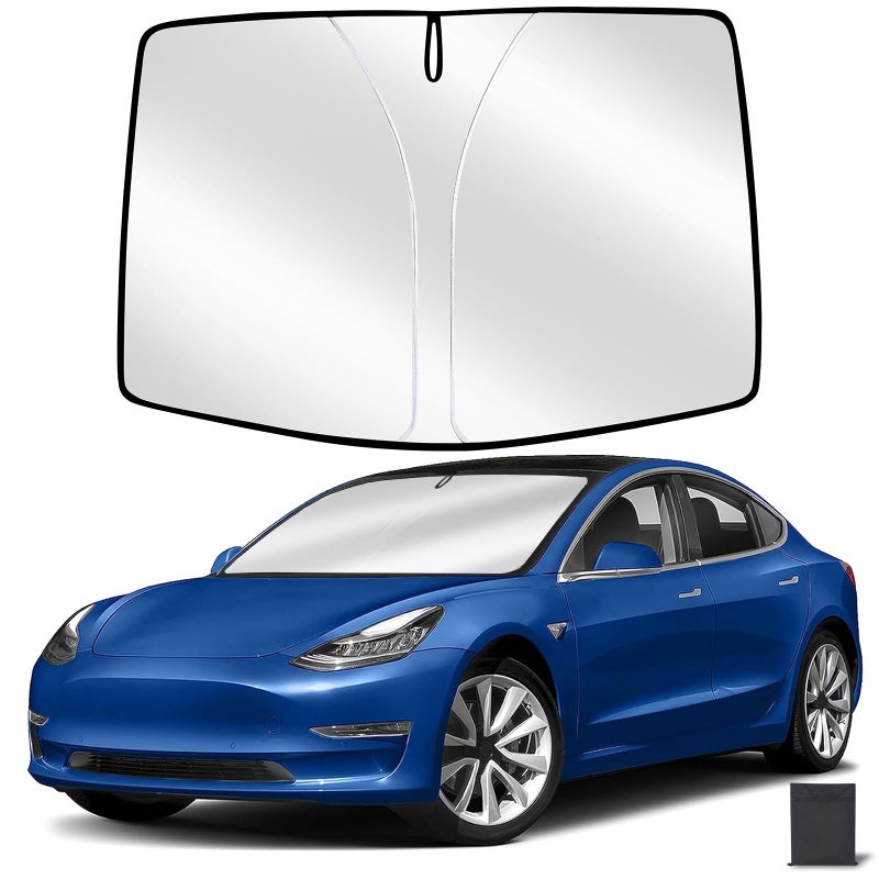Generic Carautomust Windshield Sun Shade for Tesla Model 3/Y Car - 2024 2023-2016, 300T Premium Sunshade W/Front Windows Heat Shield Tesla Accessories, Interior Sun Visor Cover Blocker for Dash Screen  - Image 1