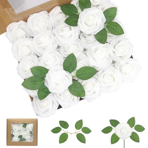 WANTMAZOR Artificial Flowers White Roses 100PCS Real Looking Foam Fake Roses with Leaves and for DIY Wedding Bouquets Bridal Shower Centerpieces Party Decorations (White, 100) - Image 1
