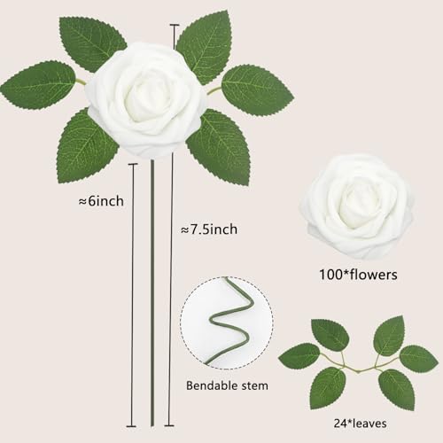 WANTMAZOR Artificial Flowers White Roses 100PCS Real Looking Foam Fake Roses with Leaves and for DIY Wedding Bouquets Bridal Shower Centerpieces Party Decorations (White, 100) - Image 2