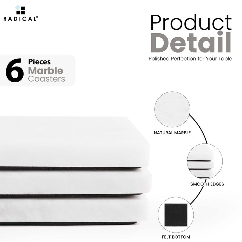 Radicaln Marble Coasters Square 3.5" Inches White Handmade Absorbent Stone Coaster Set for Drinks â€“ Perfect for Home and Kitchen Use, Set of 6 Coasters - Image 5