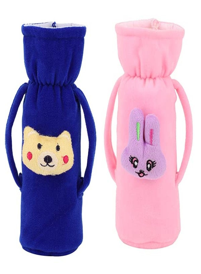 MW PRINTS Soft Plush Stretchable Baby Feeding Bottle Cover Easy to Hold Strap with Animated Cartoon Suitable for 125 ML-250 ML Feeding Bottle (Blue & Pink) - Image 1